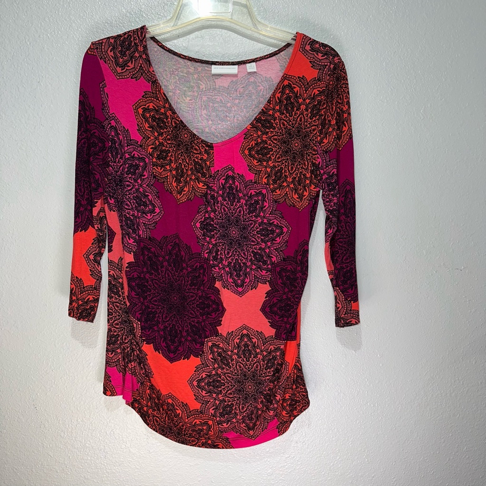 New York & Company Women’s Top XL Pink Orange Floral 3/4 Sleeve